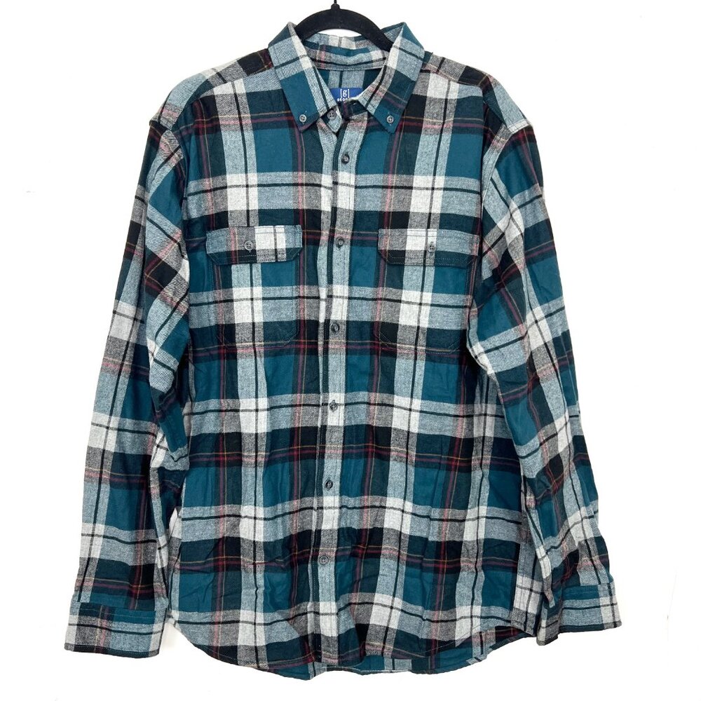 George Flannel Shirt Men's Size Large 100% Cotton Teal‎ Black Grey Plaid